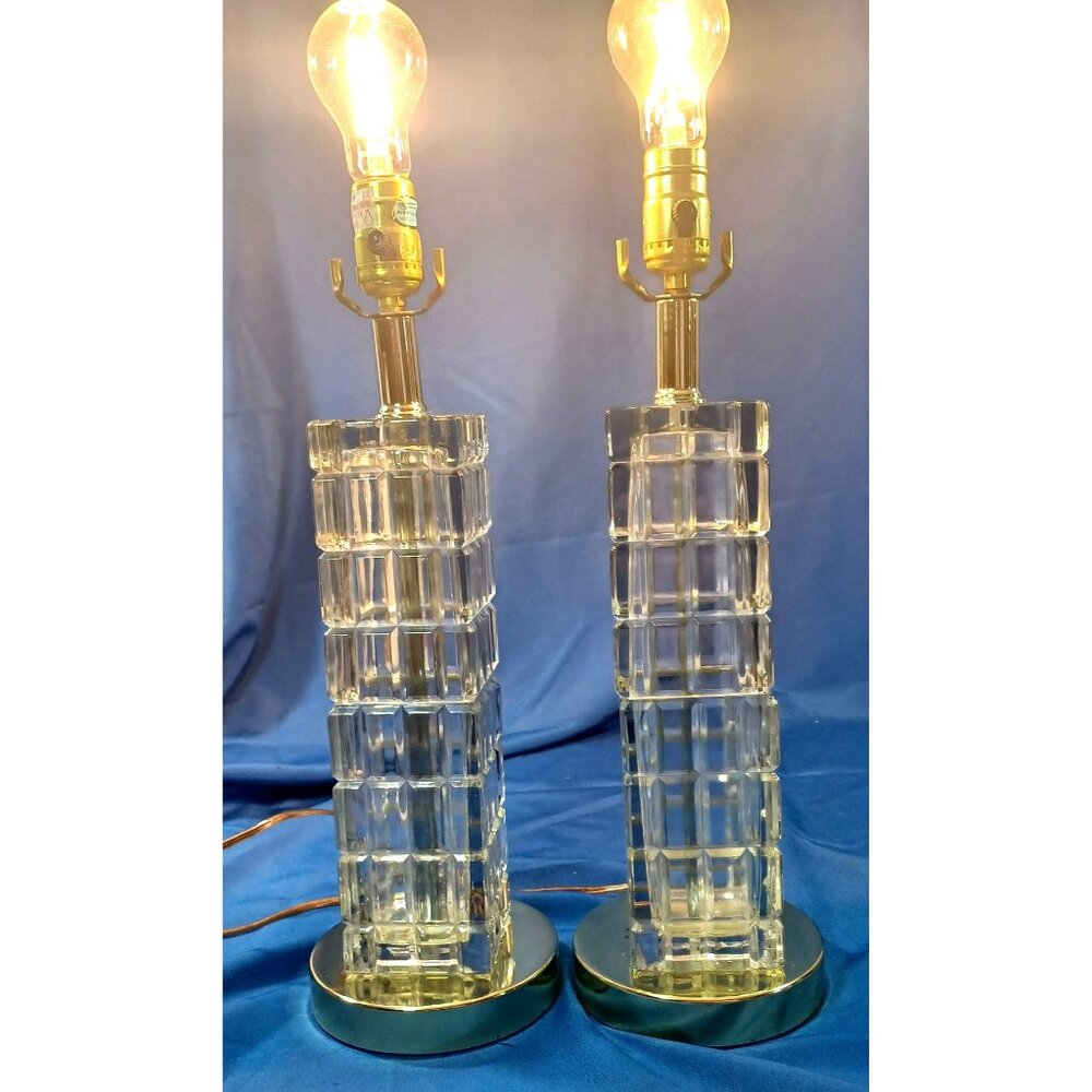 Mid Century Hollywood Regency Crystal & Brass Window Pane Cube Tower Lamps Set - Picture 6 of 13